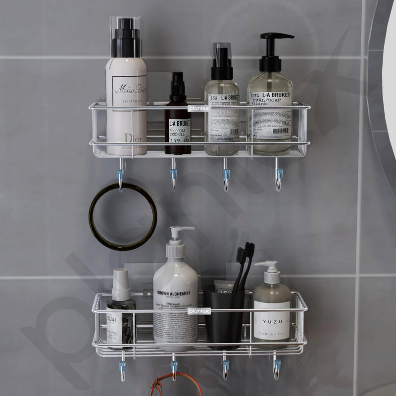 Plantex Stainless Steel Bathroom Organiser Without Drill/Multipurpose Shelf with Hooks/Drill Free Shampoo Holder for Bathroom - Wall Mount - Pack of 2 (Chrome)-6