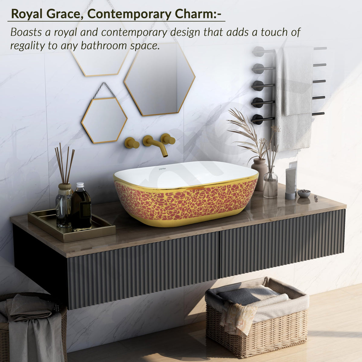 Plantex Ceramic Washbasin for Bathroom/Designer Countertop Basin/Rectangle Tabletop Wash Basin for Home/Office/Hotel (18x13x5 Inch - White & Gold)-2