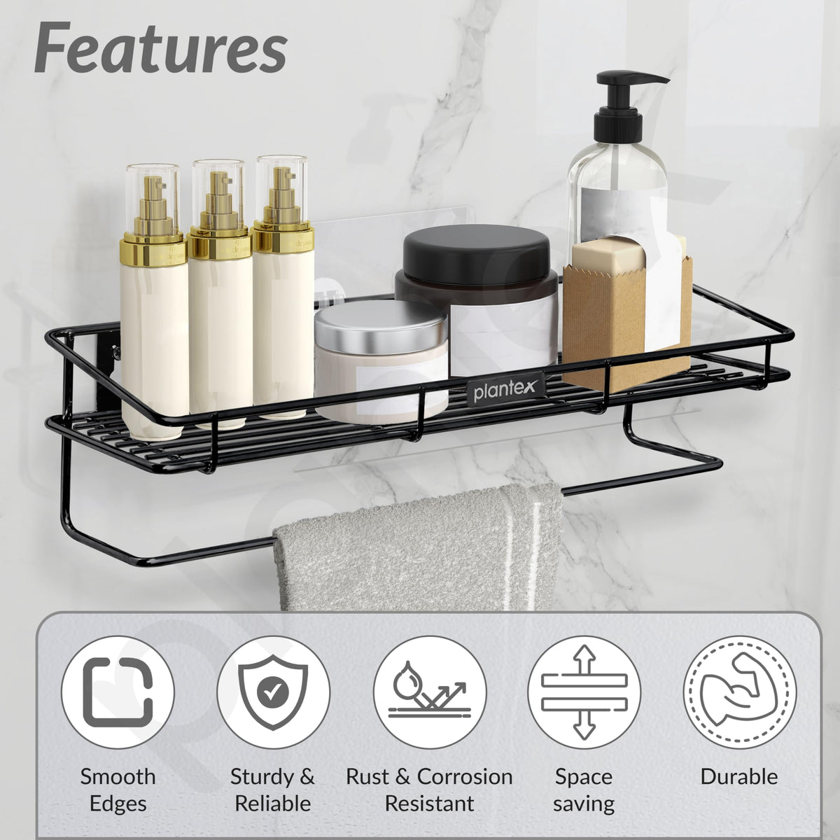 Plantex Bathroom Organizer Without Drill/GI Steel Multipurpose Bathroom Shelf/Wall Mounted Storage Rack/Towel Holder/Self Adhesive Bathroom Shelf- Wall Mount (Black)-2