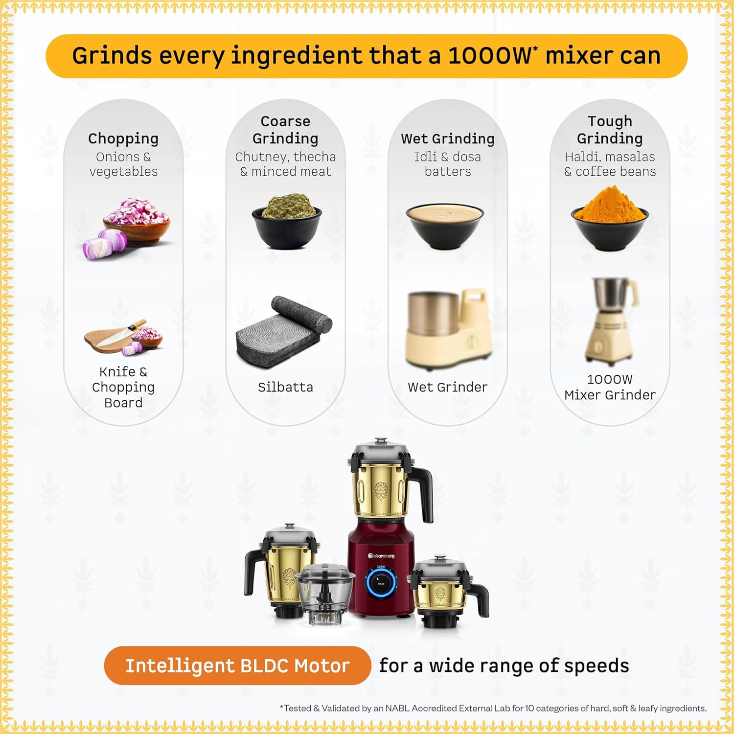 Atomberg Zenova Special Edition Mixer Grinder | Unique Coarse Mode for Silbatta-like Texture | BLDC Motor | Safety Features | 4 Jars including Chopper | Hands-Free Operation | Heritage Brass-Red Wine