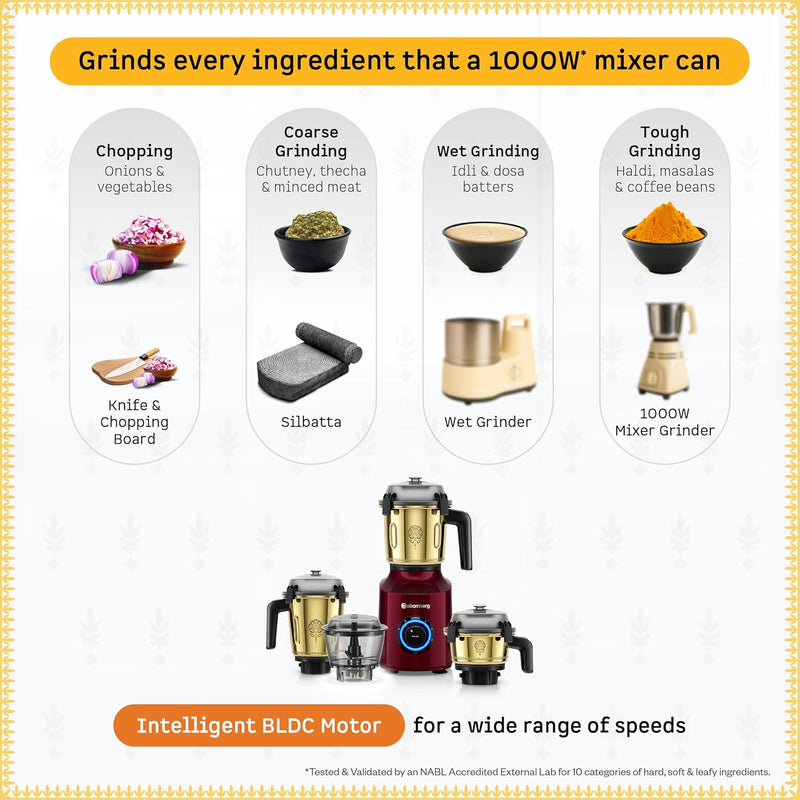 Atomberg Zenova Special Edition Mixer Grinder | Unique Coarse Mode for Silbatta-like Texture | BLDC Motor | Safety Features | 4 Jars including Chopper | Hands-Free Operation | Heritage Brass-Red Wine