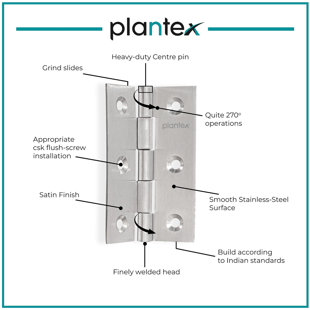 Plantex Stainless Steel Door Hinges 3 inch x 16 Gauge/1.5 mm Thickness Home/Office/Hotel for Main Door/Wooden/Bedroom/Kitchen/Kabza - Pack of 3 (Satin Matt)-3