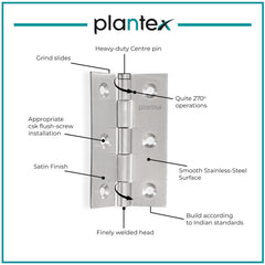 Plantex Stainless Steel Door Hinges 3 inch x 16 Gauge/1.5 mm Thickness Home/Office/Hotel for Main Door/Wooden/Bedroom/Kitchen/Kabza - Pack of 3 (Satin Matt)-3