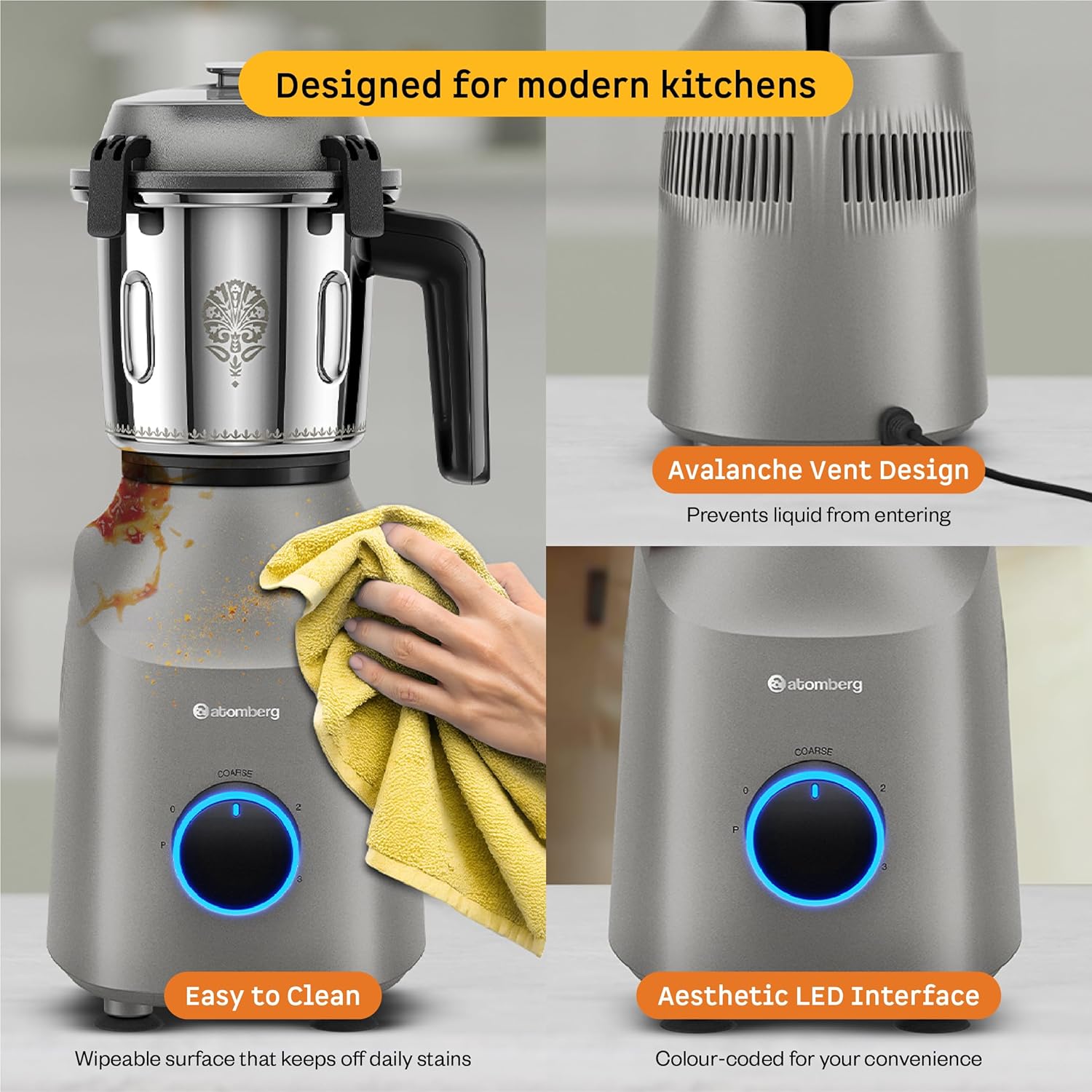 Atomberg Tavi Mixer Grinder | 𝟏𝟏𝟎𝐕 𝐎𝐧𝐥𝐲 𝐟𝐨𝐫 𝐔𝐒 & 𝐂𝐚𝐧𝐚𝐝𝐚 | Unique Coarse Mode for Silbatta-Like Texture | Intelligent 600W Motor | 4 Jars Including Chopper Jar | Matte Sand Grey
