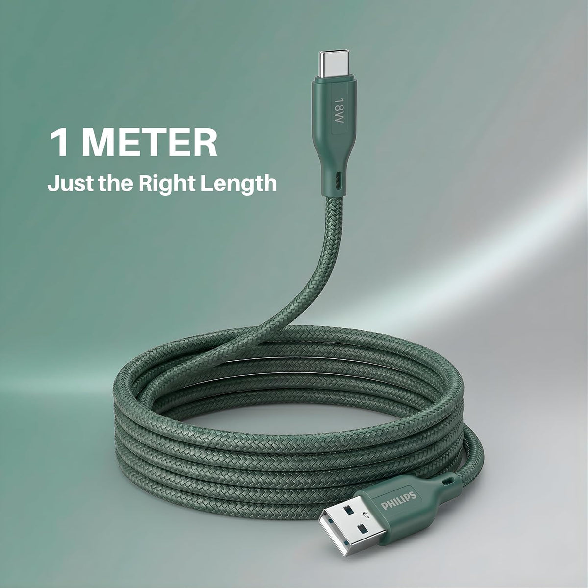 Philips DLC4130AT/94 18W Type-A to Type-C Fast Charging Cable (1m, Crystal Teal)