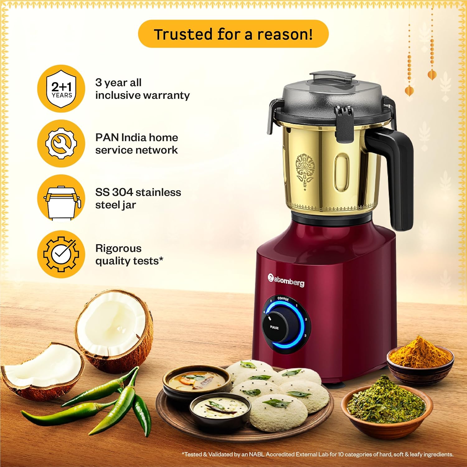 Atomberg Zenova Special Edition Mixer Grinder | Unique Coarse Mode for Silbatta-like Texture | BLDC Motor | Safety Features | 4 Jars including Chopper | Hands-Free Operation | Heritage Brass-Red Wine