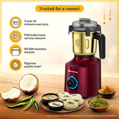 Atomberg Zenova Special Edition Mixer Grinder | Unique Coarse Mode for Silbatta-like Texture | BLDC Motor | Safety Features | 4 Jars including Chopper | Hands-Free Operation | Heritage Brass-Red Wine