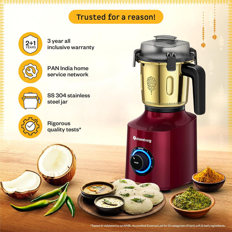 Atomberg Zenova Special Edition Mixer Grinder | Unique Coarse Mode for Silbatta-like Texture | BLDC Motor | Safety Features | 4 Jars including Chopper | Hands-Free Operation | Heritage Brass-Red Wine