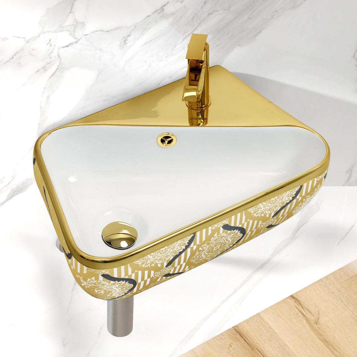 Plantex Ceramic Designer Washbasin for Bathroom/Wall Hung Wash Basin/Rectangle Basin for Home/Office/Hotel (17.5x10.5x5 Inch - White & Gold)-1