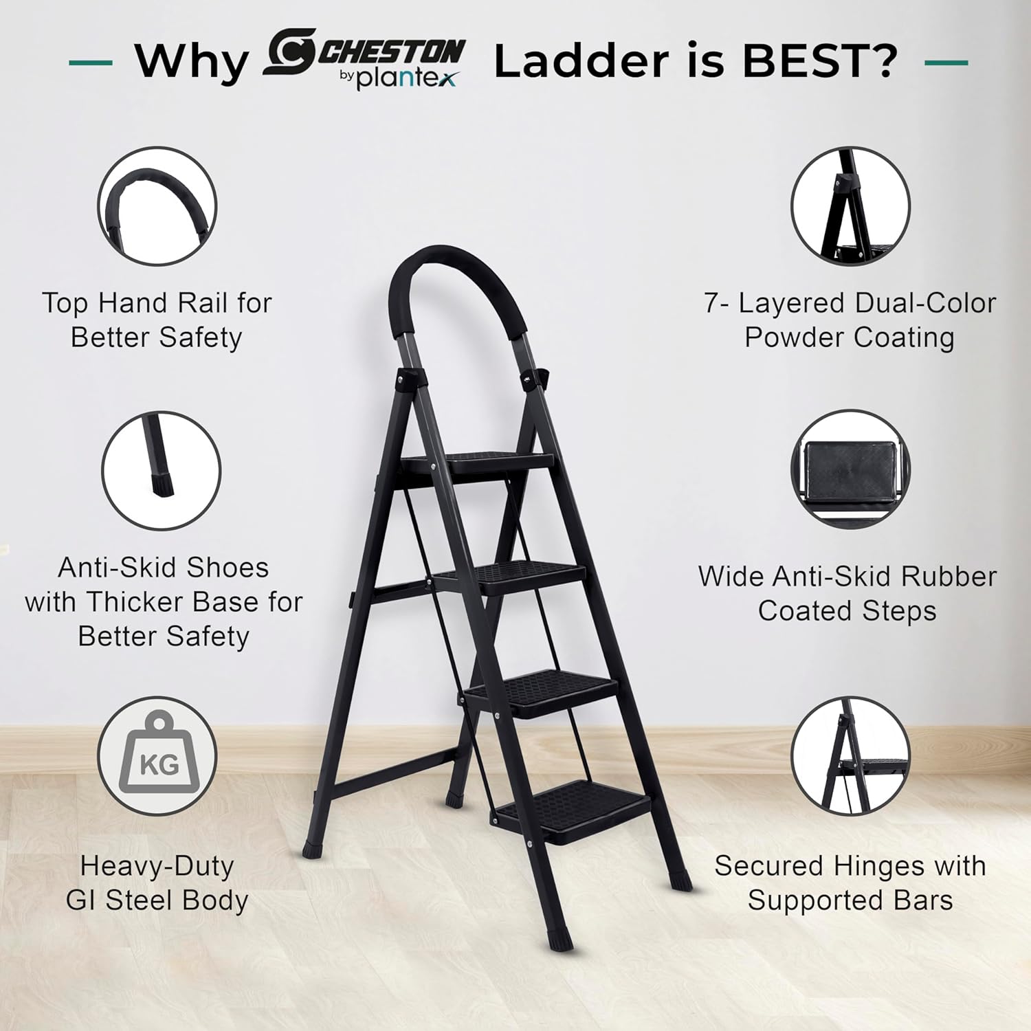 Plantex Cheston Premium GI Steel Foldable 4 Step Ladder for Home/Wide Anti Slip Steps (Black)