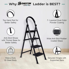 Plantex Cheston Premium GI Steel Foldable 4 Step Ladder for Home/Wide Anti Slip Steps (Black)