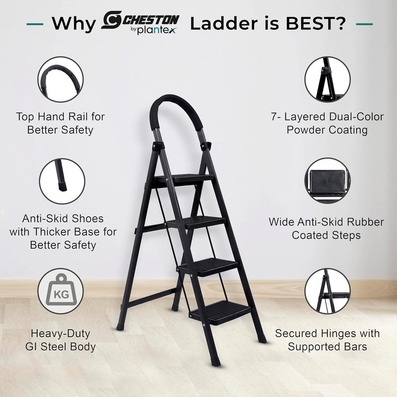 Plantex Cheston Premium GI Steel Foldable 4 Step Ladder for Home/Wide Anti Slip Steps (Black)