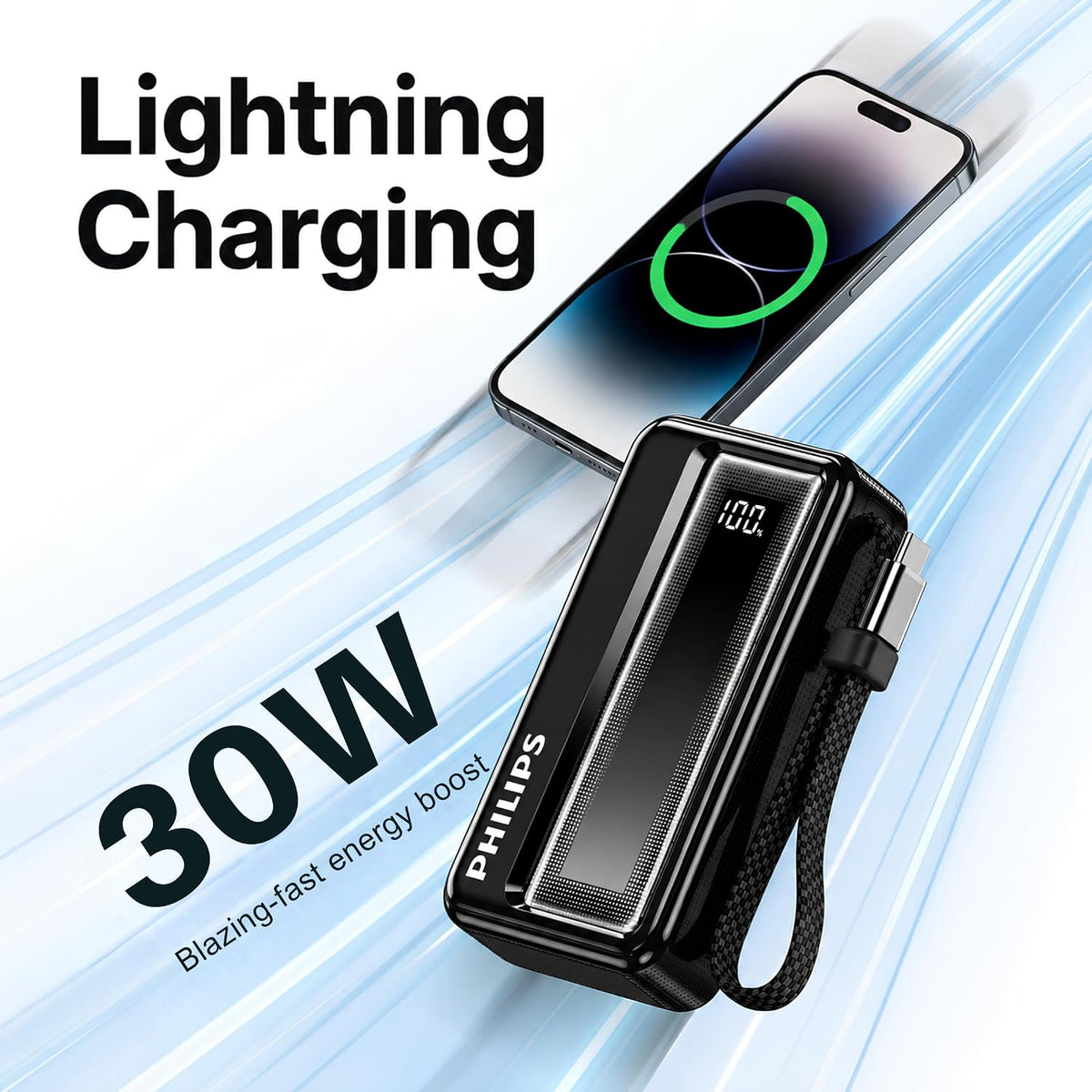 Philips 10000mAh 30W Max Fast Charging Power Bank (Dark Slate) with Built-in Cable