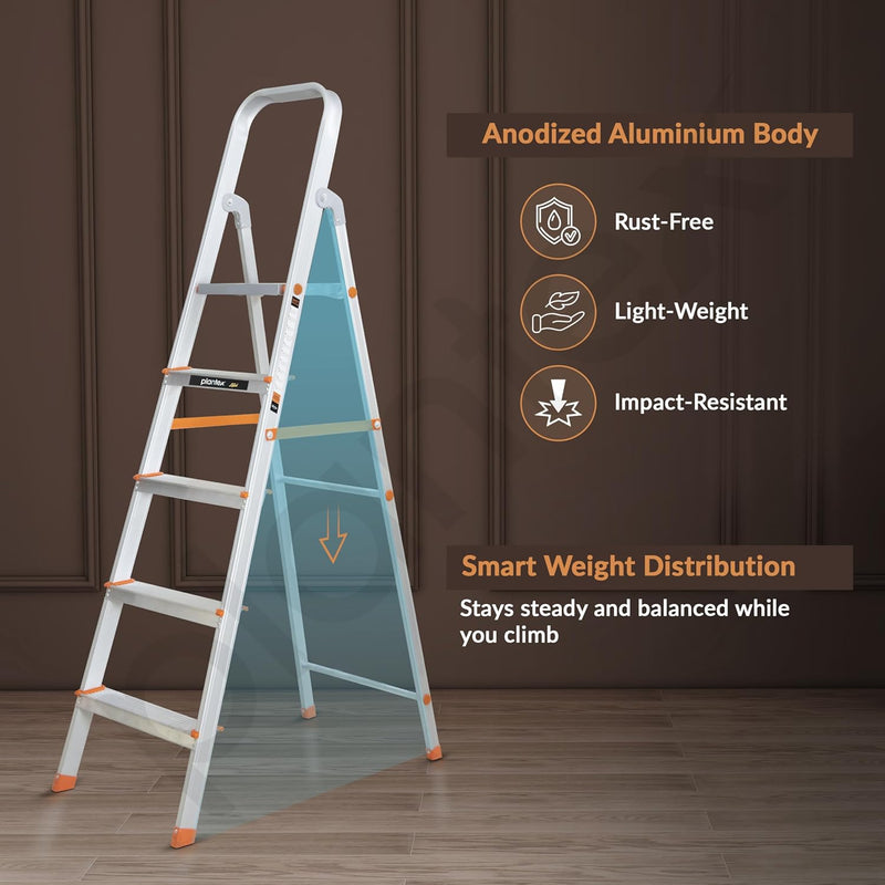 Plantex Restructured Legend Aluminium Folding 5 Step Ladder for Home - 5 Wide Step Ladder (Orange-Chrome)
