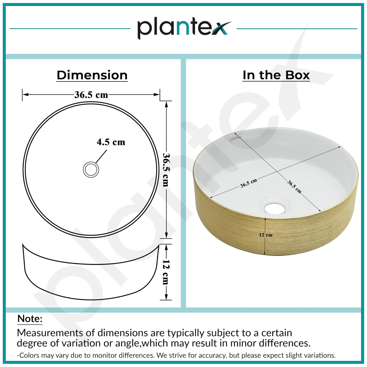 Plantex Ceramic Table Top Wash Basin/Small Washbasin for Bathroom/Countertop Vessel Sink Basin(Gold&White -14 x14x5 Inch)-3