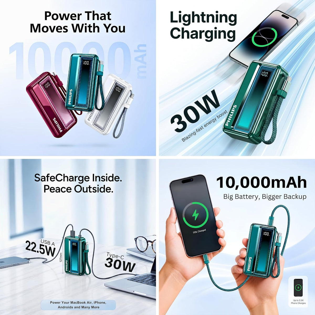 Philips 10000mAh 30W Max Fast Charging Power Bank (Chrystal Teal) with Built-in Cable