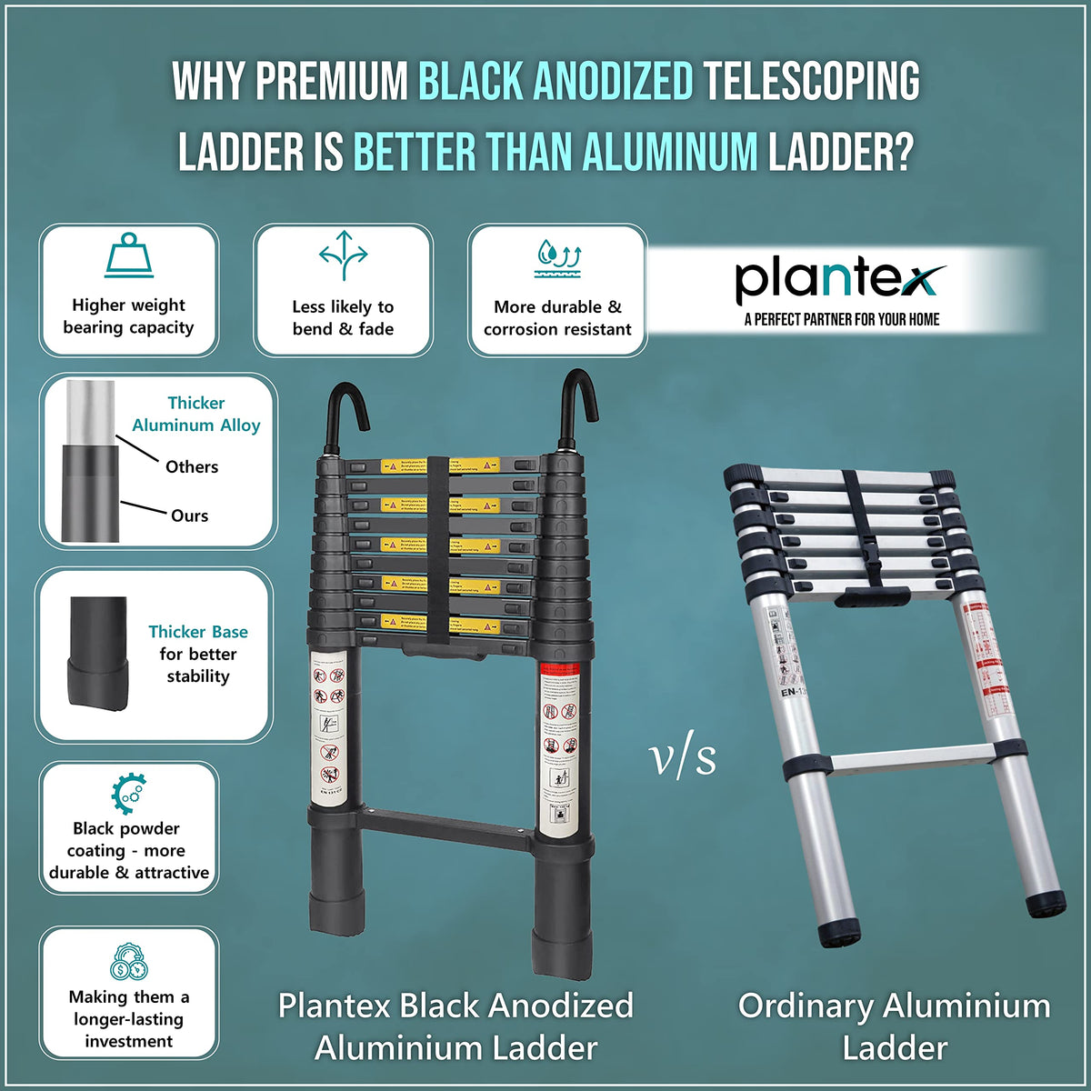 Plantex 3.2m (10.5 ft.) Portable and Compact Aluminium Telescopic Ladder with Removable Hooks/Foldable Multipurpose Ladder for Home/2 Years of Warranty by Plantex/EN131 Certified - (Black)