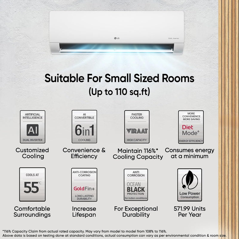LG 1 Ton 4 Star DUAL Inverter Split AC (Copper, AI Convertible 6-in-1 with VIRAAT Mode, Faster Cooling & Energy Saving, 4 Way Swing, HD Filter with AntiVirus Protection, US-Q13JNYE, White)