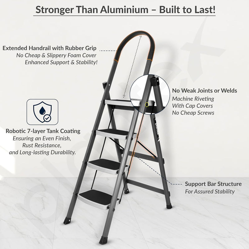 Plantex Steel 4 Step Ladder for Home/Wide Anti Skid 4 Step Ladder Foldable/5 Year Manufacturer Warranty By Plantex (Gray & White)