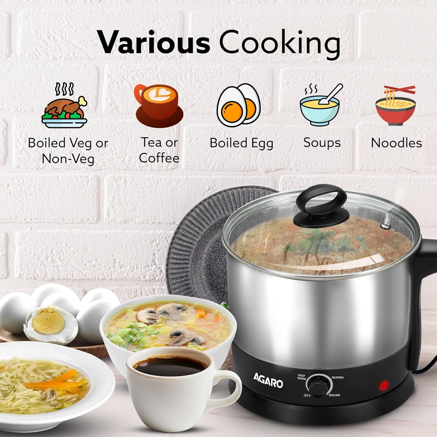 AGARO Esteem Electric Multi Kettle 1.2L, 600W, with Stainless Steel Body, Egg Rack, Grill Rack, 3 Heating Modes & Rapid Boil Technology, Boiling Water, Tea, Coffee, Oats, Noodle, Soup