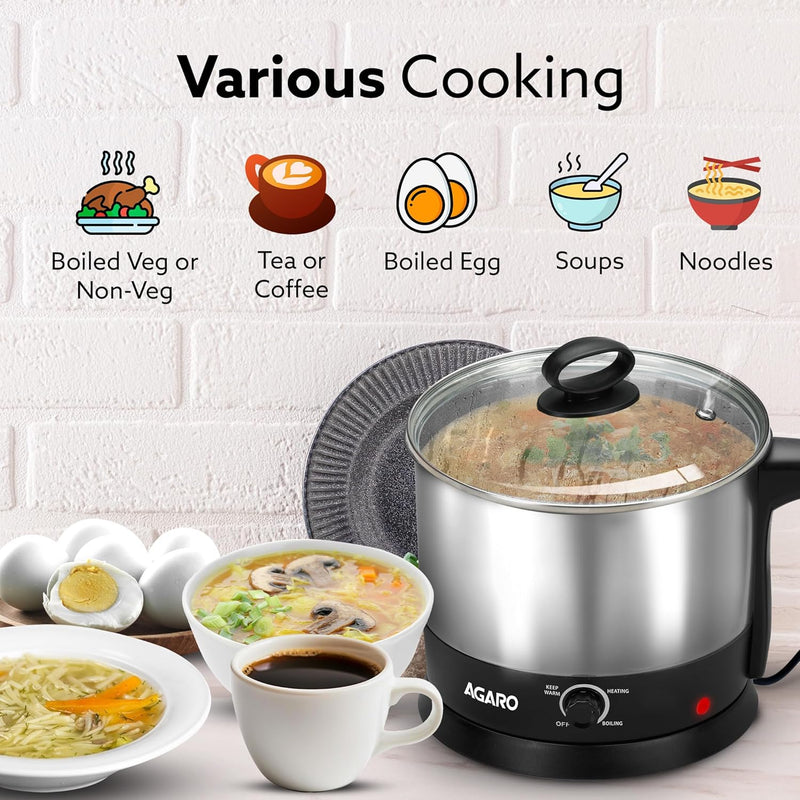 AGARO Esteem Electric Multi Kettle 1.2L, 600W, with Stainless Steel Body, Egg Rack, Grill Rack, 3 Heating Modes & Rapid Boil Technology, Boiling Water, Tea, Coffee, Oats, Noodle, Soup