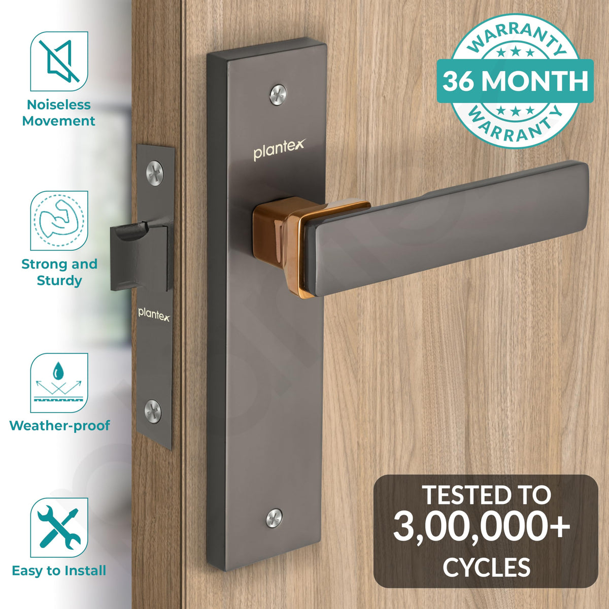 Plantex Heavy Duty Door Lock “ Bathroom Door Lock/Mortise 8inch Keyless Plate Handle Set for Home/Bathroom/Store Room/Balcony/Office with Baby Latch (8116, Satin Black & PVD Choco)-2