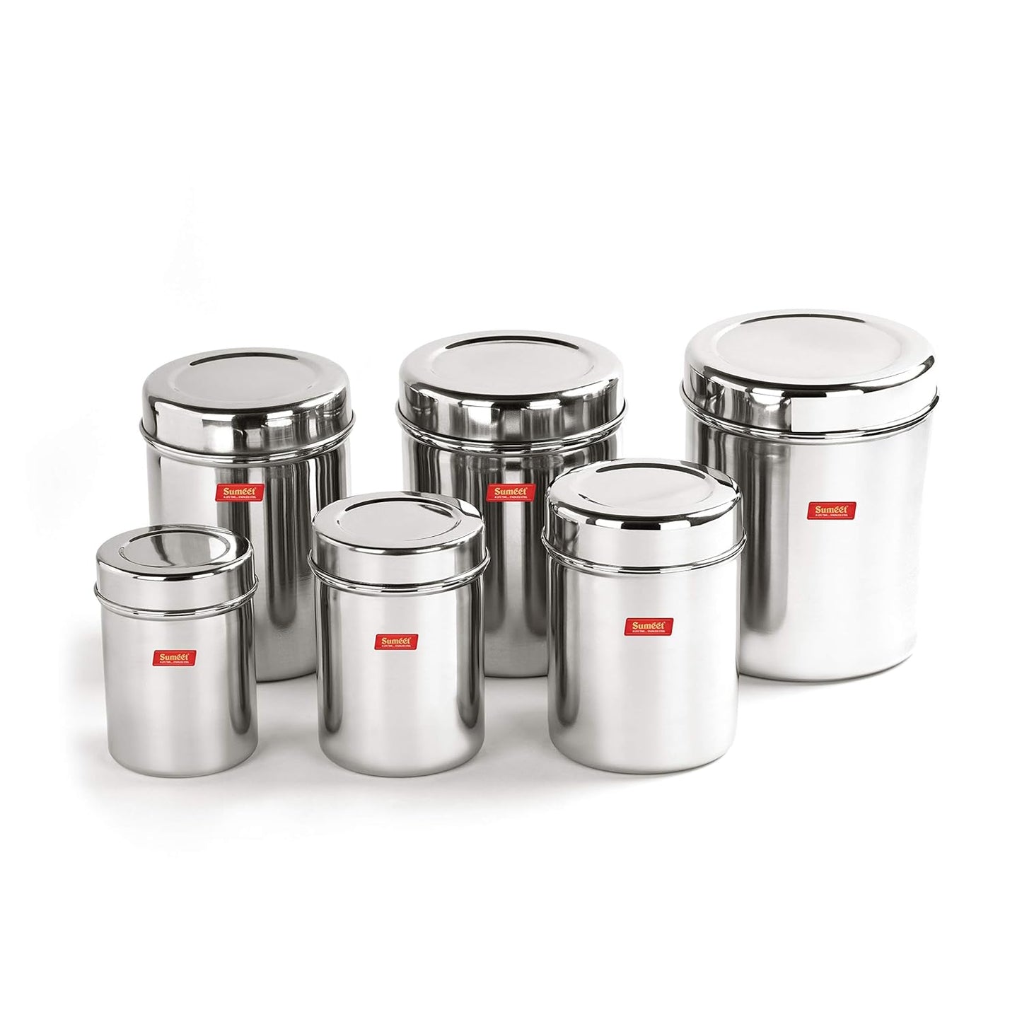 Sumeet Stainless Steel Vertical Canisters/Ubha Dabba/Storage Containers Set of 6Pcs (350ML, 500ML, 700ML, 900ML, 1.25Ltr, 1.6Ltr), Silver