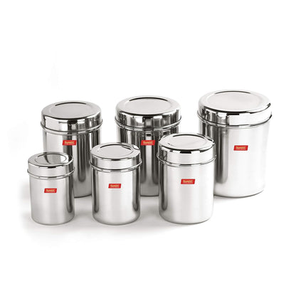 Sumeet Stainless Steel Vertical Canisters/Ubha Dabba/Storage Containers Set of 6Pcs (350ML, 500ML, 700ML, 900ML, 1.25Ltr, 1.6Ltr), Silver