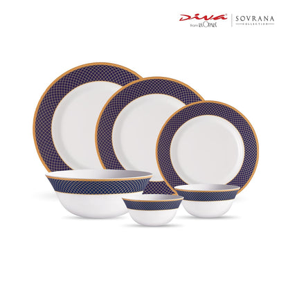 La Opala Diva Sovrana Collection Opal Glass Crockery | for Family of 6 | Dinner Set 33 pcs Regent Blue | Plates & Bowls for Dining | Microwave Safe | 100% Vegetarian | Extra Strong | Light & White