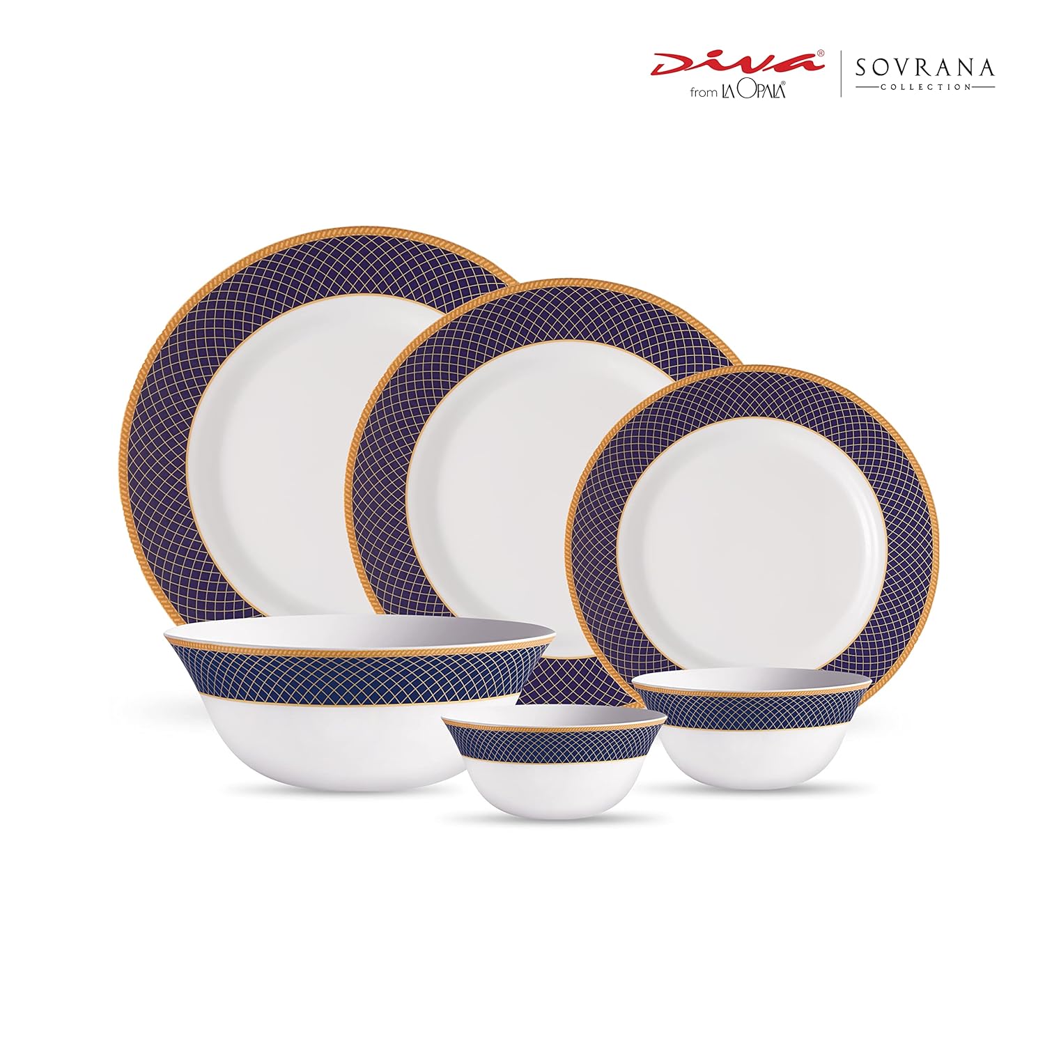 La Opala Diva Sovrana Collection Opal Glass Crockery | for Family of 6 | Dinner Set 33 pcs Regent Blue | Plates & Bowls for Dining | Microwave Safe | 100% Vegetarian | Extra Strong | Light & White