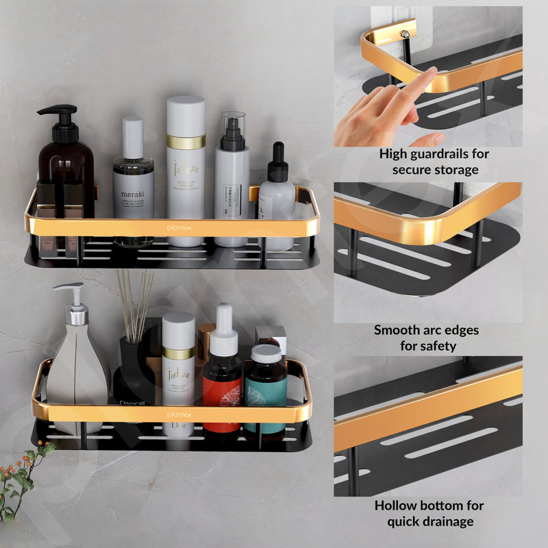Plantex Self Adhesive Bathroom Shelf/Bathroom Shelf for Wall Adhesive/Aluminium Wall Mounted Rack for Kitchen with Golden Railing and Magic Stickers-(12x5 inches, Gold & Black)-6