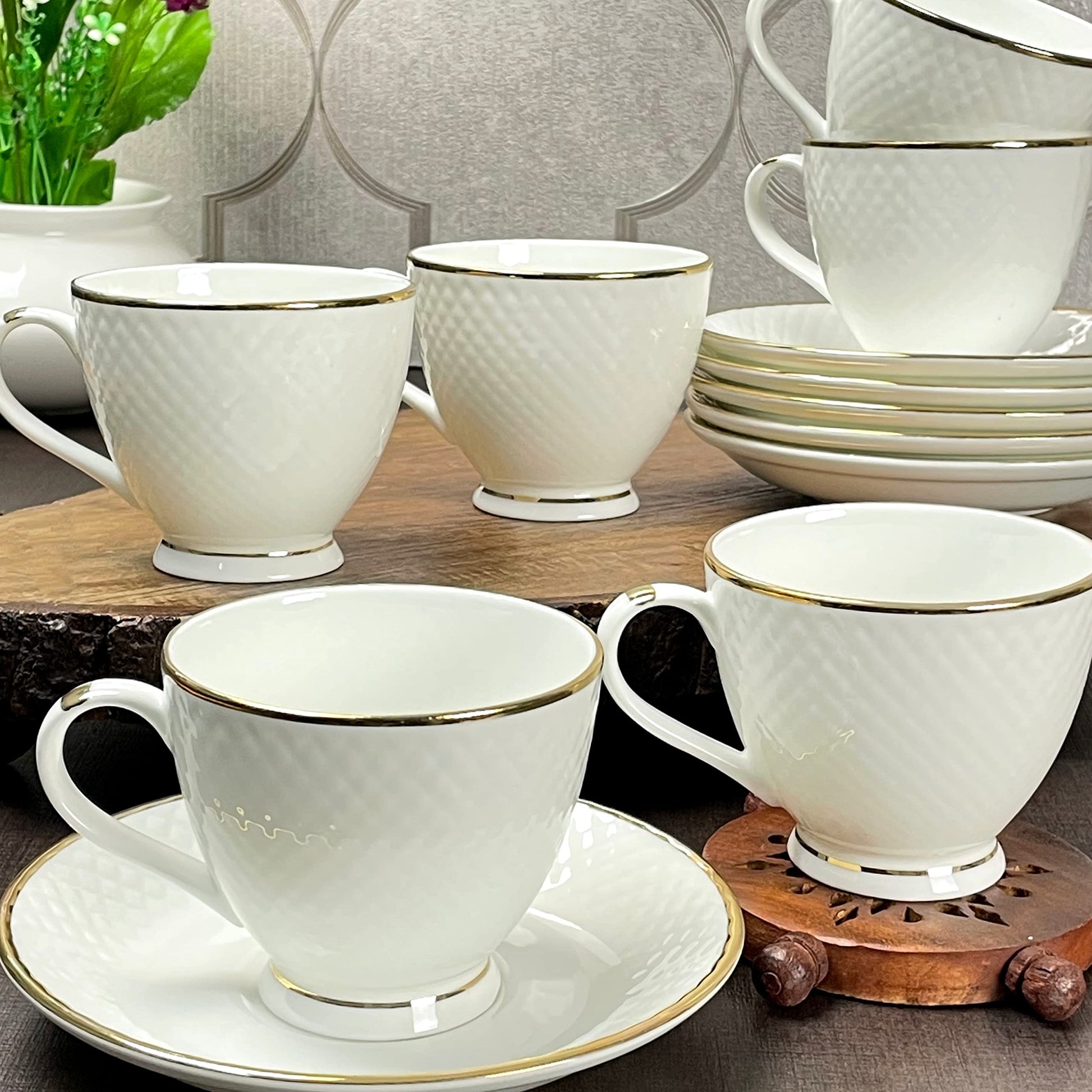 Clay Craft Mona Cup & Saucer GL 110 Series, 210ml, Set of 12 (6 Cups + 6 Saucers)