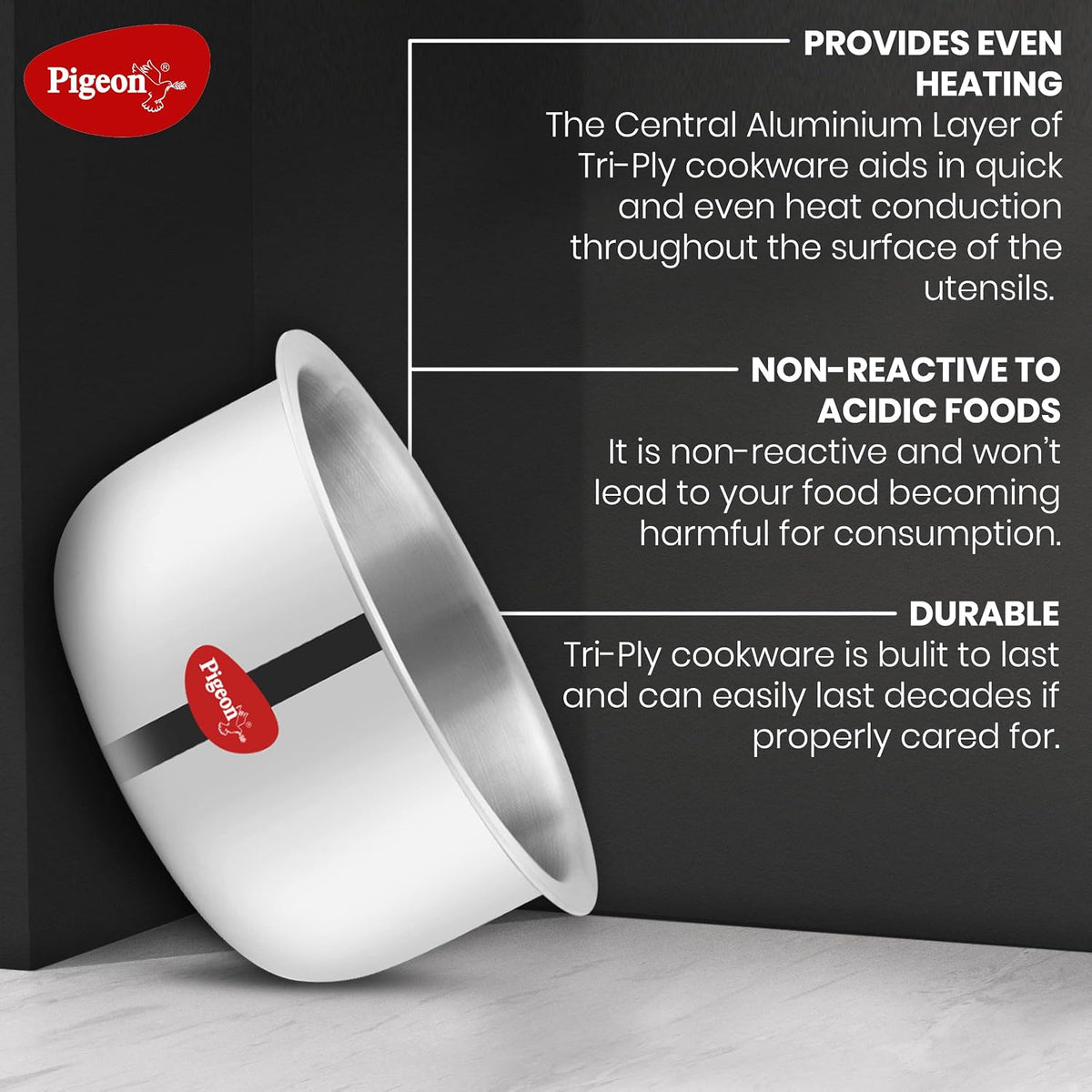 Pigeon Elite Stainless Steel Triply Sauce Pan / Tope, Gas Stove and Induction Compatible