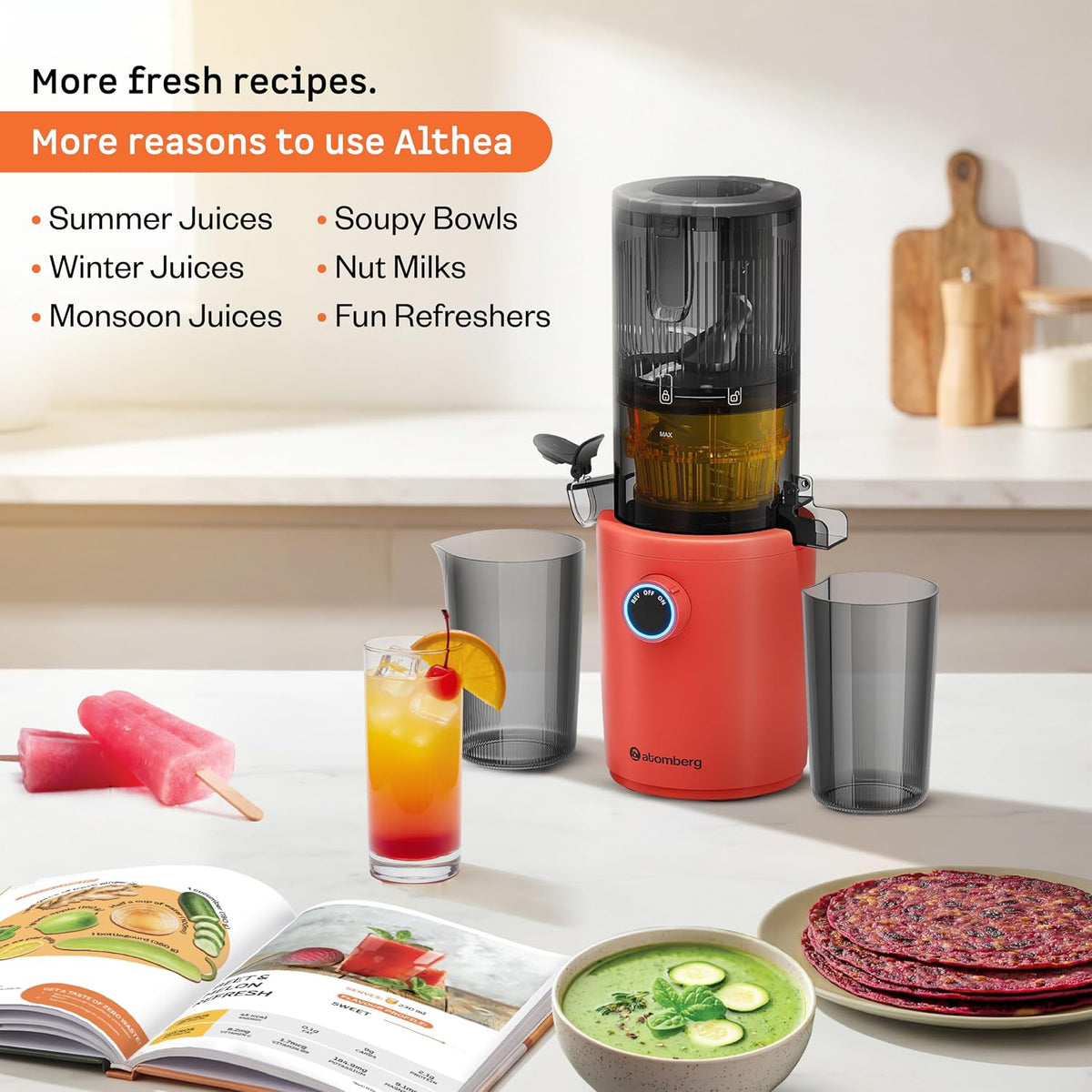 Atomberg Althea Cold Press Juicer For Home | High Nutrition | 40RPM | Easy To Use & Clean | Auto Reverse | XL Hopper | Safety Features | Ideal for Fruit, Veggie Juices, Coconut Milk | Sunset Orange