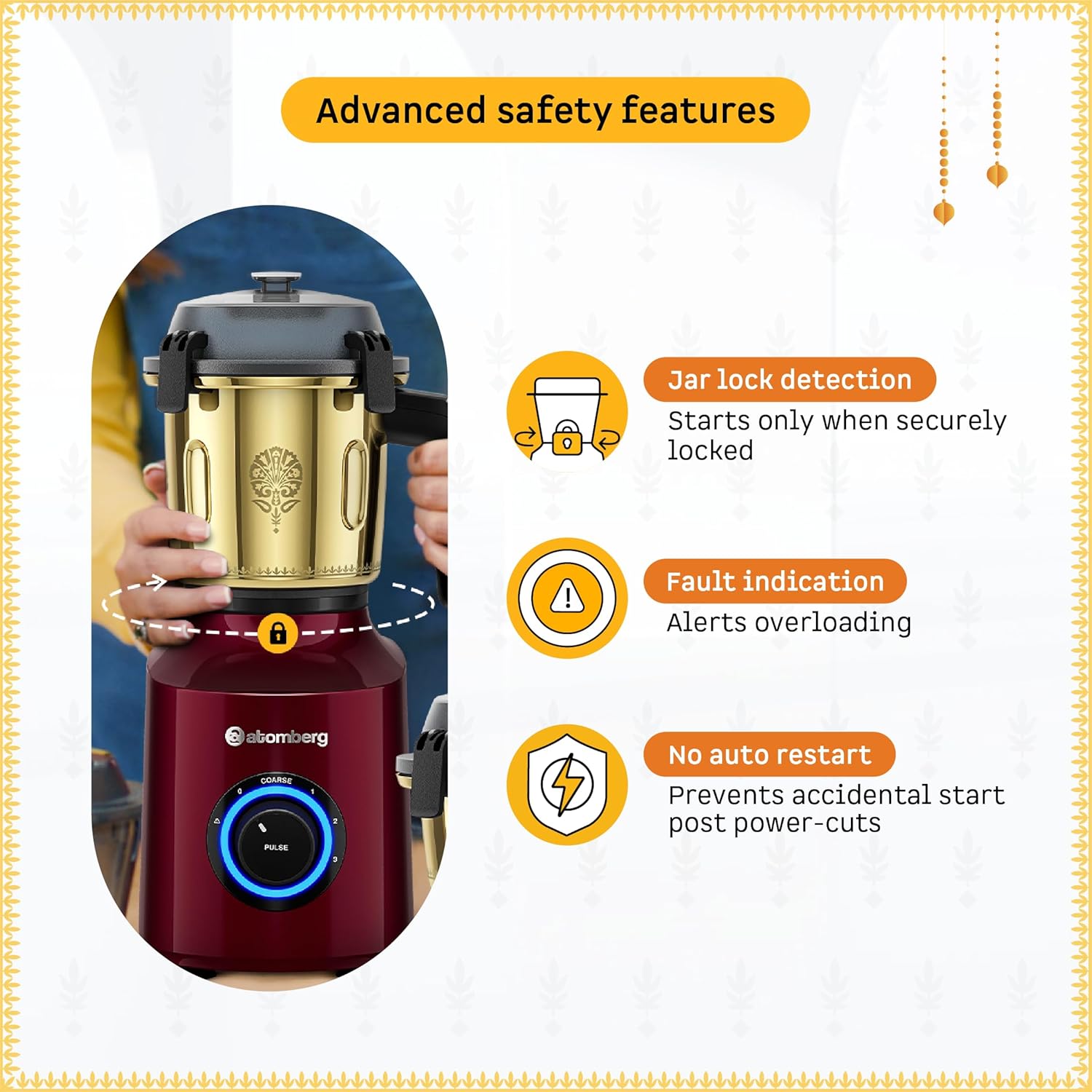 Atomberg Zenova Special Edition Mixer Grinder | Unique Coarse Mode for Silbatta-like Texture | BLDC Motor | Safety Features | 4 Jars including Chopper | Hands-Free Operation | Heritage Brass-Red Wine
