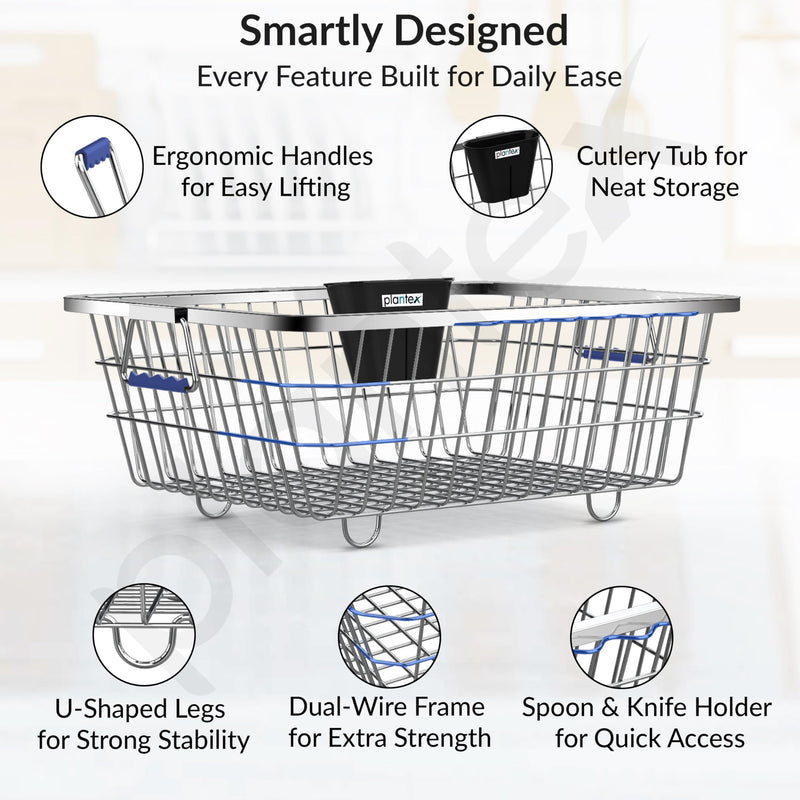 Plantex Dish Drainer Basket/Steel Utensils Basket Drainer/Utensil Stand for Kitchen with Rubber Grip Handle & Cutlery Drainer Tub (Small Size - 48 x 37 x 20 cm)-3