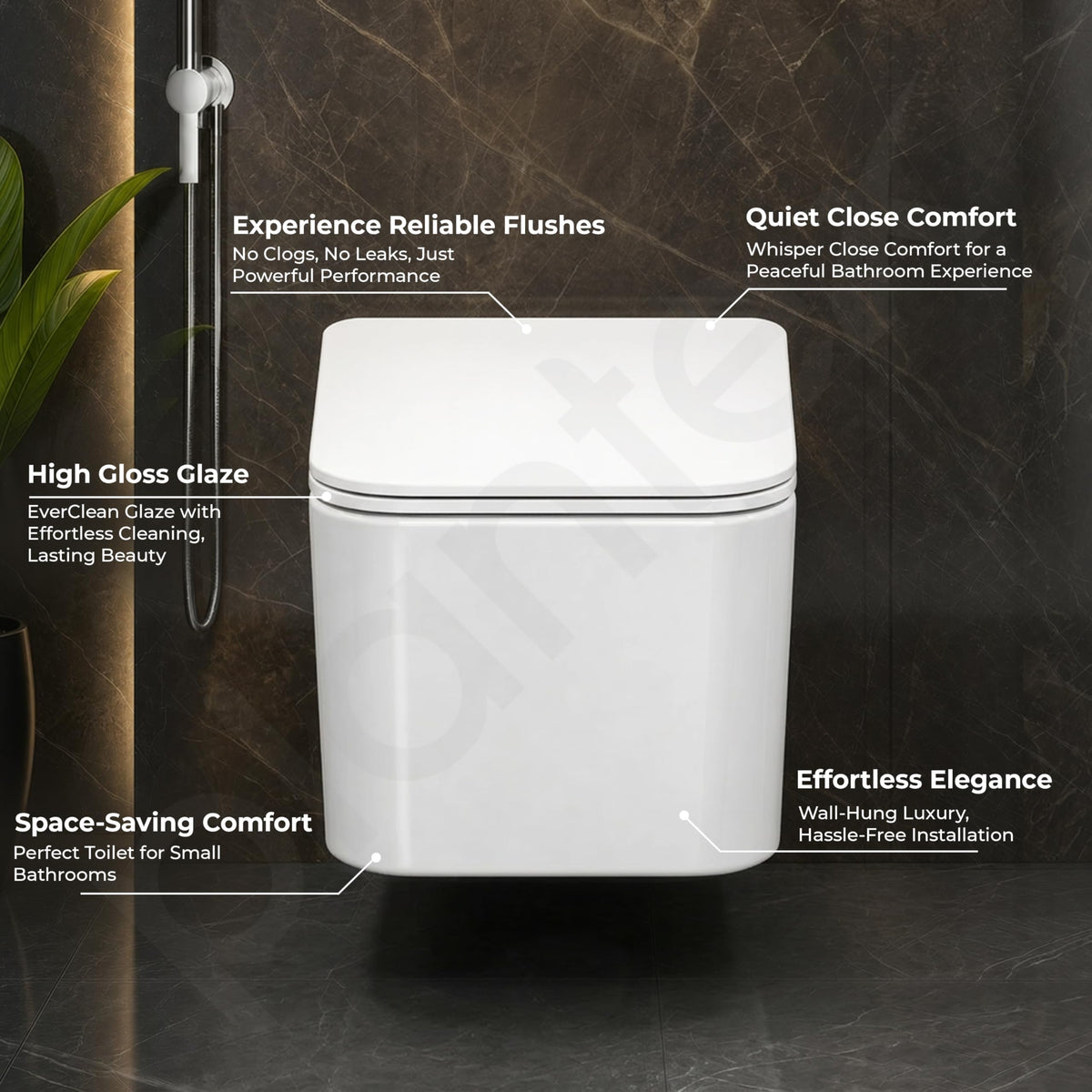 Plantex Wall Mounted Commode/Imported Italica Ceramic Rimless Square Washdown Western Toilet/P Trap Commode with Soft Close Seat Cover (Glossy White)-2