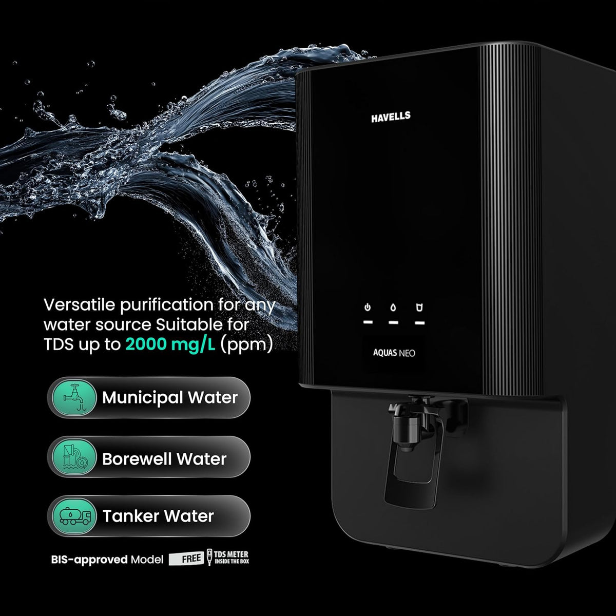 Havells Aquas Neo Water Purifier, RO + UF Purification, Vital Magnesium Enriched, 7-stages, 7L Storage, Ideal for Borewell, Tanker & Municipal Water, (GHWRAES025)-5