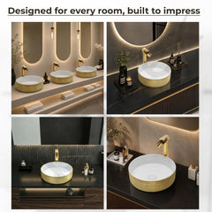Plantex Ceramic Table Top Wash Basin/Small Washbasin for Bathroom/Countertop Vessel Sink Basin(Gold&White -14 x14x5 Inch)-5