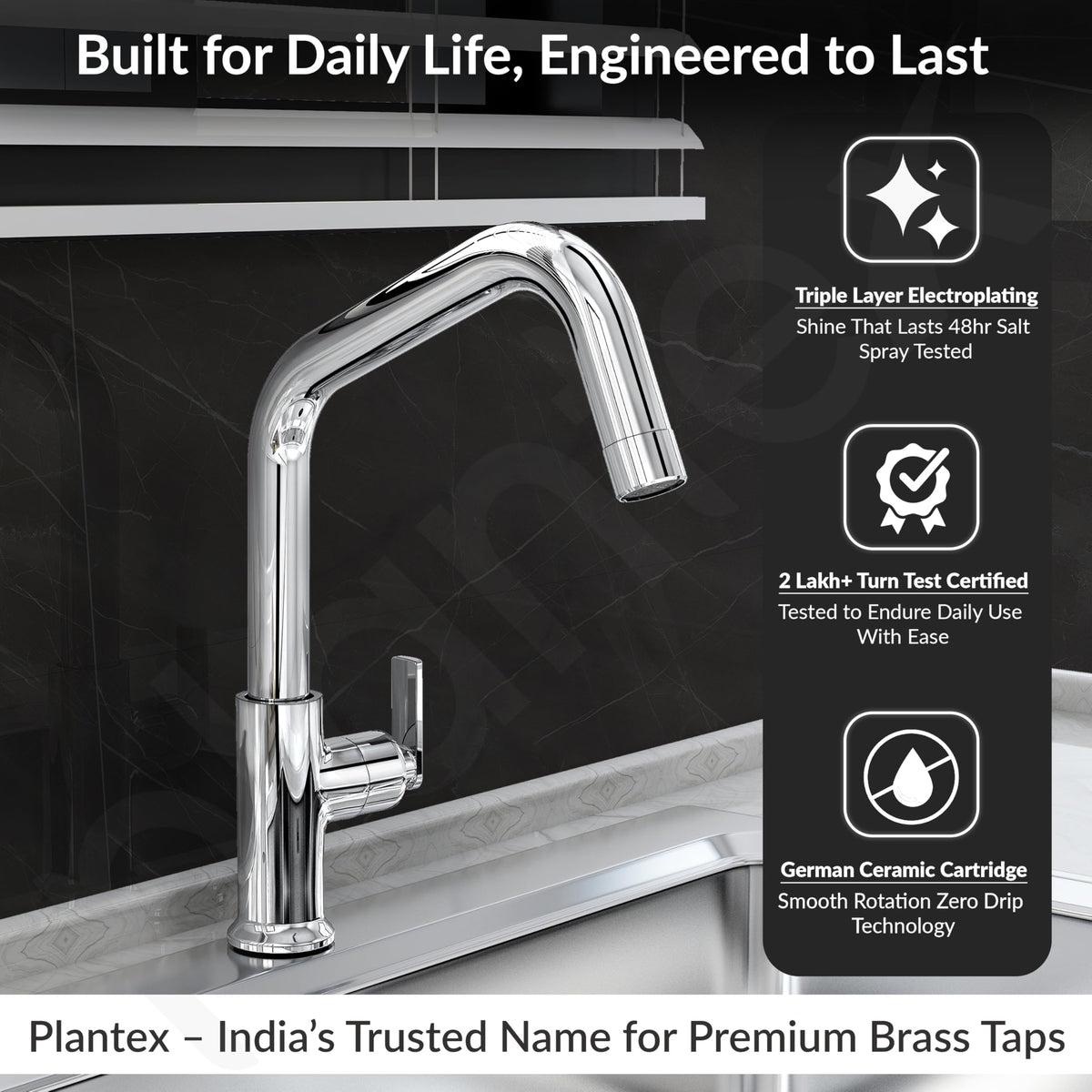 Plantex Pure Brass Sink Tap for Kitchen Basin/360‚° Swivel Spout Kitchen Sink Tap Faucet/Water Saving Aerator-7 Year Warranty (BAL-513-Chrome)