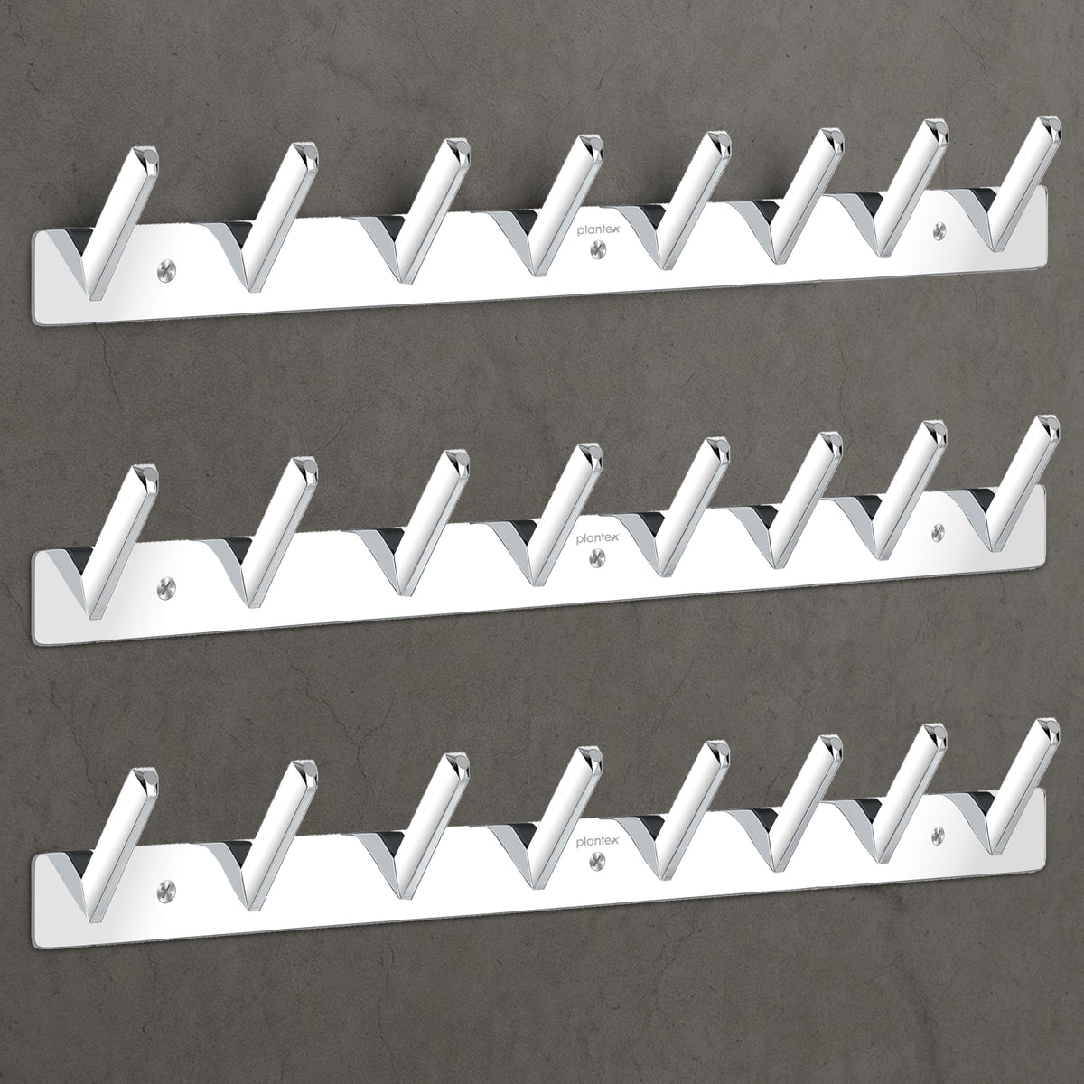 Plantex Wall Hooks for Hanging Cloth/Stainless Steel Towel Hangers/Bathroom Robe Hooks/Door Hangers/Square Wall Hook/Hook Rail for Hanging Keys - 8 Hooks (Pack of 3, Chrome)