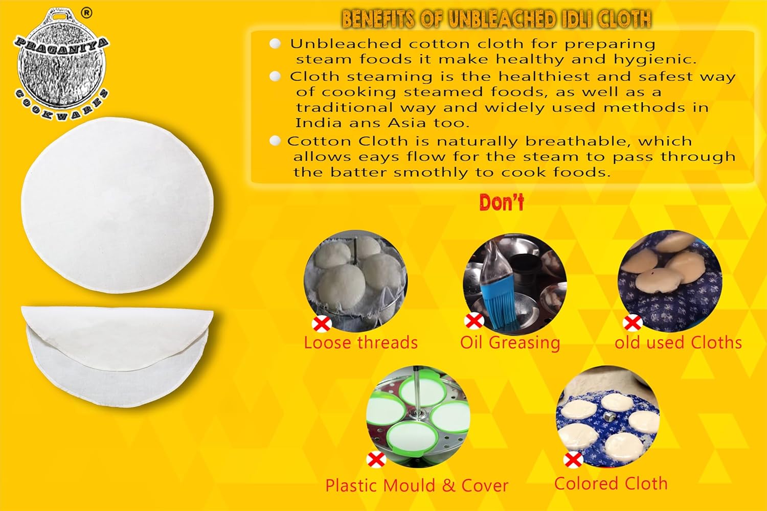 PRAGANIYA COOKWARES Unbleached Pure cotton Idli Steaming Cloth Pack of 6, 30cm Round, for 3-7 Pit Idli Plates, Momos Steaming