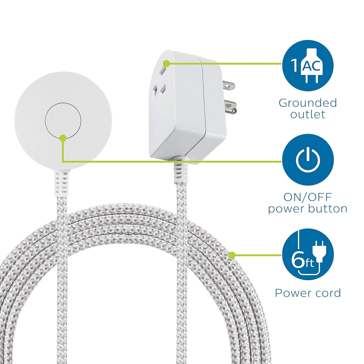 Philips SPS1611WA/37 Ground Plug with Braided Cord 6ft Power Cord On/Off Switch for Table or Wall Mount