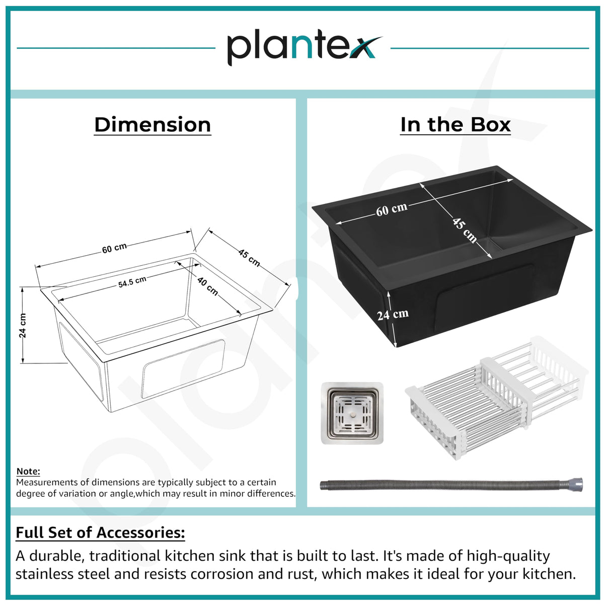 Plantex Premium Kitchen Sink/24"x18"x10" Inches Stainless Steel Sink For Kitchen with 7 Years of Warranty by Plantex - Nano Black (All Fittings & Drain Rack Included)
