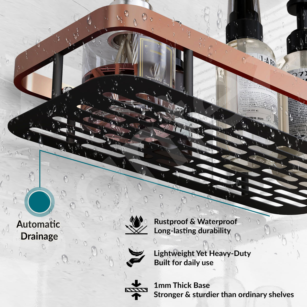 Plantex Bathroom Organizer Without Drill/Stainless Steel & Aluminium Shelf for Wall with Adhesive Stickers - Pack of 4 (12x5 inches, Copper & Black)-2