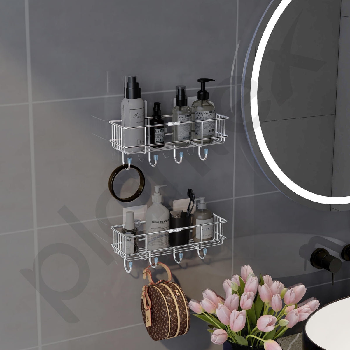 Plantex Stainless Steel Bathroom Organiser Without Drill/Multipurpose Shelf with Hooks/Drill Free Shampoo Holder for Bathroom - Wall Mount - Pack of 2 (Chrome)-3
