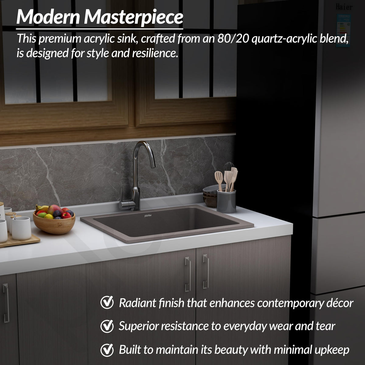 Plantex Quartz Acrylic Matt Kitchen Sink/Undermount Sink For Kitchen With 10 Years Warranty By /Granite Single Bowl Kitchen Sinks With Coupling (Con-24X18 Inches)-2