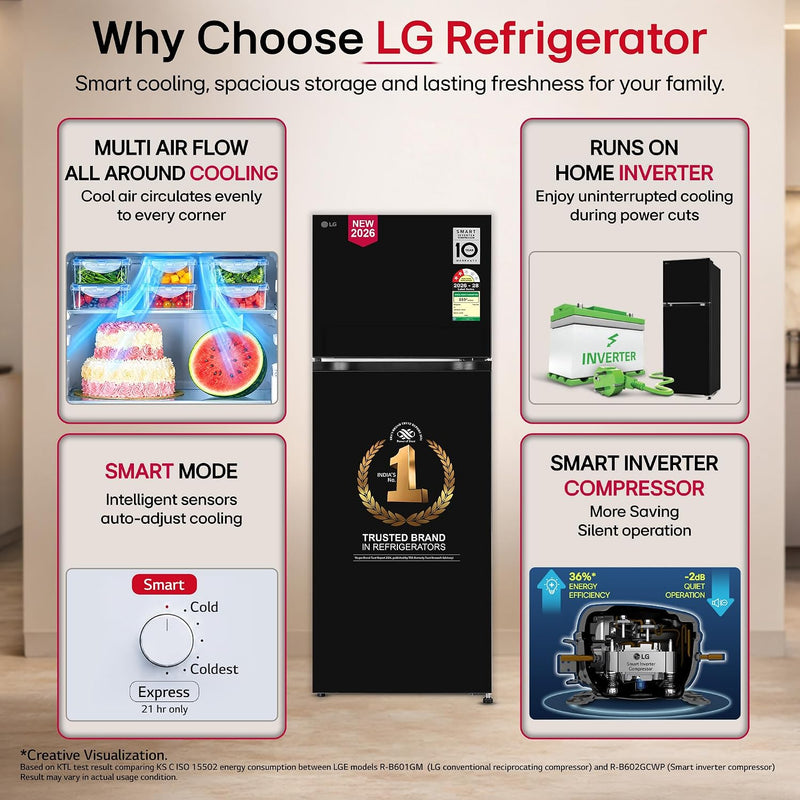 LG 251 L, 2 Star, Smart Inverter, Smart Mode, Frost-Free Double Door Refrigerator (GLT2526WWOB, Onyx Black, Multi Air Flow, Express Freeze,)-4