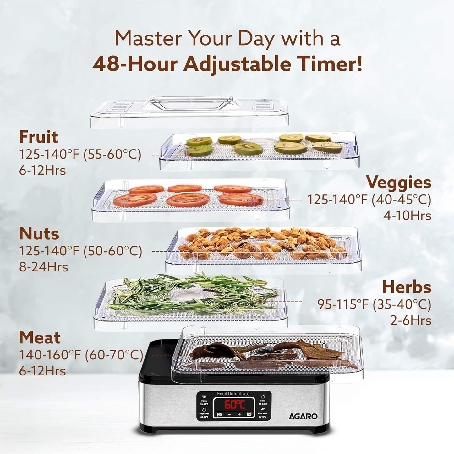 AGARO Regal Food Dehydrator, 5 Stackable Stainless Steel Trays, Digital Adjustable Timer & Temperature Control, Food Preserver Machine with Drying Capacity for Fruits, herbs, Veggies, Silver