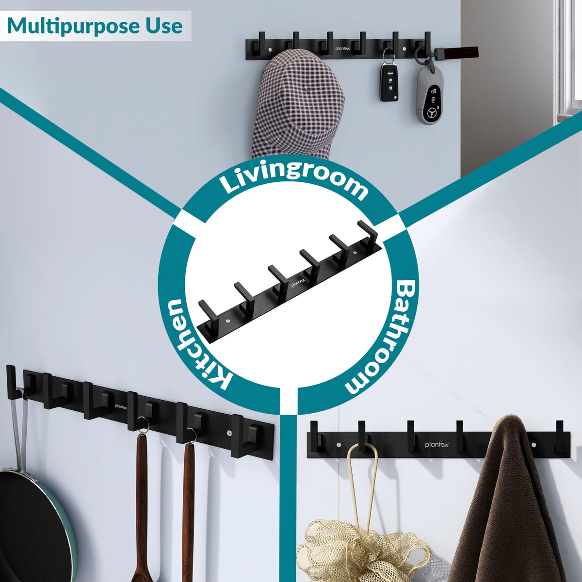 Plantex Aluminum Hook Rail with L-Shape Hooks for Walls of Bathroom/KitchenHook Rail Bar for Clothes/Towel/Keys-Pack of 2 (6 Hooks, Black)-5